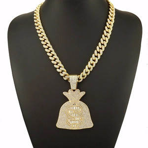 Collier hip hop pour homme avec pendentif sac d'argent dollar doré et strass