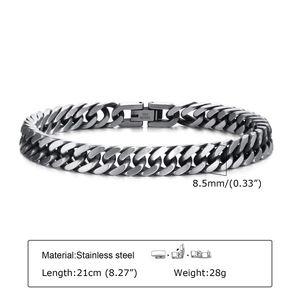 Mens vintage stainless steel Cuban link bracelet in silver finish, 8.5mm width and 21cm length
