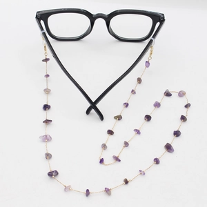 Chic eyewear chain with purple natural stone chips and elegant gold linked chain