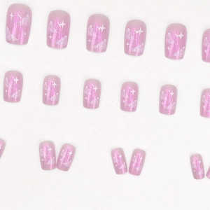 Aurora purple press-on nails with iridescent clouds and star patterns for women