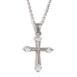 Minimalist silver cross necklace pendant featuring four sparkling round white diamonds