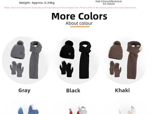 Detailed view of 3-piece winter set with knitted hat, scarf, and touch screen gloves