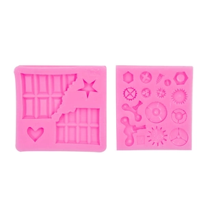 Pink silicone mold set featuring chocolate squares and industrial gear patterns for baking