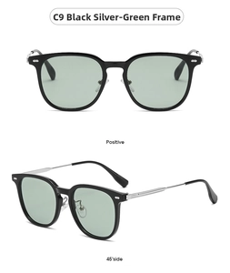 Detail view of vintage square metal frames with silver temples and light green lenses