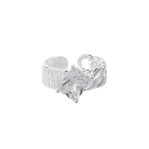 S925 silver open ring with rectangle zircon and dual texture brushed rope design