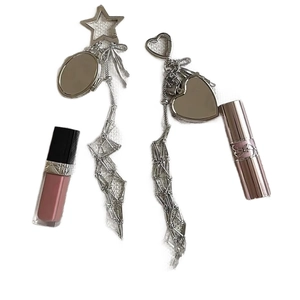 Silver star and heart mirror pendant keychain with metal fringe for bags