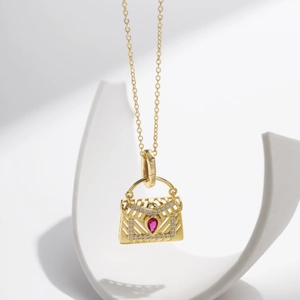 Collier sac à main en argent sterling S925 avec pendentif en pierre rouge rubis