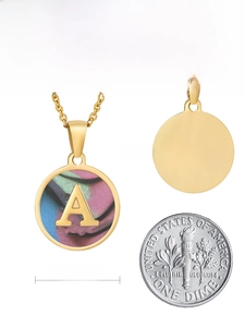 Detail of 18K gold-plated initial A necklace with shell inlay and size reference