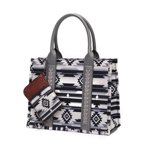 Detail view of ethnic canvas tote bag with geometric print and matching card holder