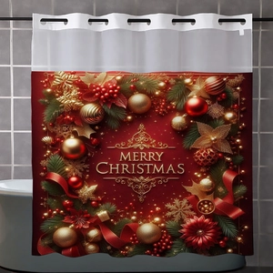 Deep red Merry Christmas shower curtain with gold festive ornaments and waterproof fabric