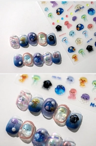 Detail of 3D jellyfish nail art stickers with blue and purple jelly cartoon patterns