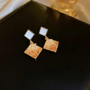 French vintage gold square earrings with amber gradient crystals and white stone studs