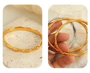 Detailed bamboo texture of gold and silver plated stainless steel stackable bracelets