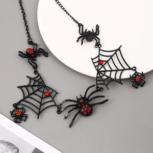 Gothic black choker necklace with red rhinestone spiders and cobweb pendants