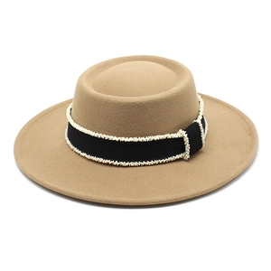 Elegant khaki wool felt boater hat with black ribbon and white pearl chain trim