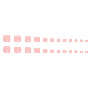 Fresh pastel pink press-on toenails in rounded square shape displayed on a clean white background