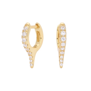 Detail view of gold huggie earrings featuring micro-pave zircons on a pointed hoop design