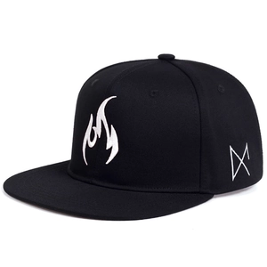 Hip hop black flat brim baseball cap featuring bold white flame embroidery on the front