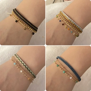 Bohemian Layered Bracelets With Crystal Satin Ribbon And Copper Chains Beads Vintage Boho Style Jewelry For Women