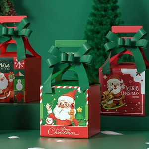 Christmas gift boxes with bow ribbons and handles in festive red and green styles