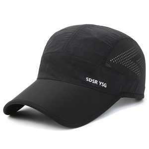 Men's black quick-dry baseball cap with side laser-cut ventilation and white lettering
