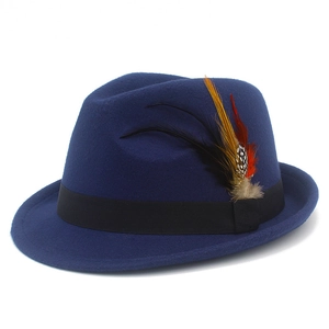 Classic dark blue wool fedora hat with elegant ribbon and colorful feather accent