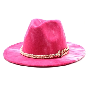 Fuchsia tie-dye wide brim fedora hat with gold chain band for men and women