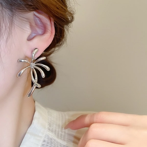 Detail view of silver liquid metal floral earrings with organic branched design on model