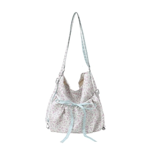 Floral canvas tote bag with large capacity and blue checkered bow drawstring detail