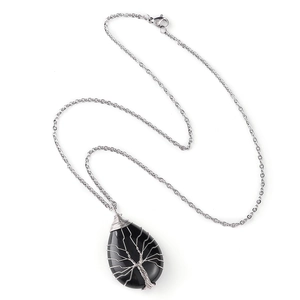 Natural black stone teardrop pendant with silver wire-wrapped tree of life necklace