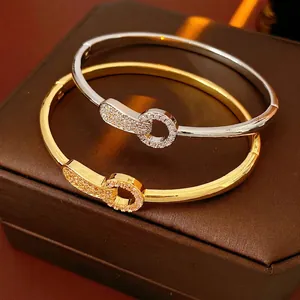 Interlocking Round Clasp Bangle Copper Real Gold Plated Cubic Zirconia Pave Elegant Fashion Jewelry Women