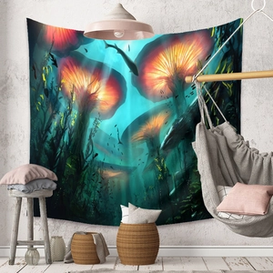 Detail of bohemian underwater scene tapestry with bioluminescent sea life and sharks
