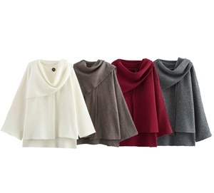 Dettaglio del collo a scialle in maglia con bottone nei colori panna, marrone, rosso e grigio