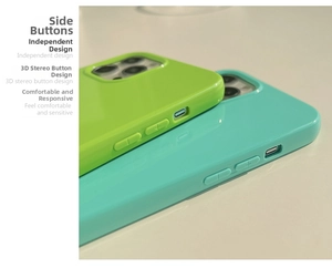 Detail of the side independent 3D buttons on a glossy neon green and blue phone case