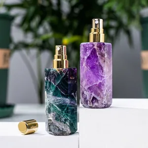 Frascos de perfume de cristal natural de amatista y fluorita con tapón dorado