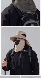 Detail of outdoor sun hat featuring breathable mesh face mask and wide neck flap