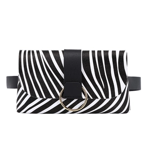 Chic zebra print waist bag for women with gold circular metal buckle and black belt