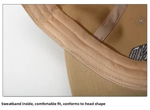 Close-up of internal sweatband on khaki baseball cap with premium cotton stitching