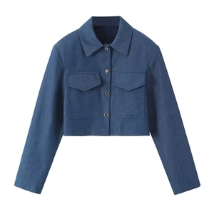 Women's dark blue cropped denim jacket with long sleeves and front flap pockets set