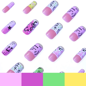 Long square Y2K press-on nails with pink musical notes and star patterns for women