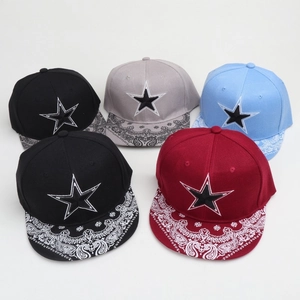 Flat brim baseball caps with paisley print and 3D star embroidery in multiple colors