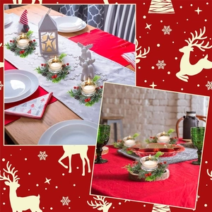 Christmas candle holder with pine needles and red berries for festive holiday table decor