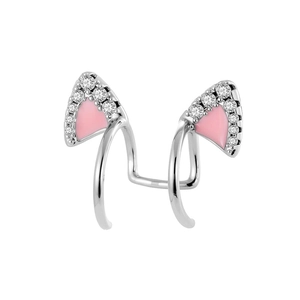 Silver cat ear cuff with pink enamel and sparkling crystals on a clean white background