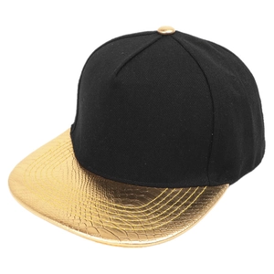 Black snapback hat with golden snakeskin patterned flat brim at a 45-degree angle
