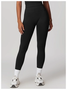 Detail of high-waisted seamless black yoga pants showing fabric texture and tummy control
