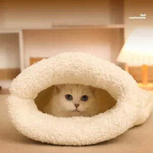 Saco de dormir cálido y cerrado para gatos con forro de felpa blanca ultra suave para mascotas