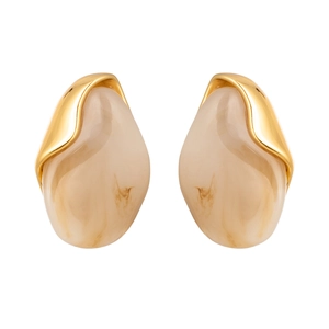 Macro detail of beige marble resin earrings with elegant golden metal top accents