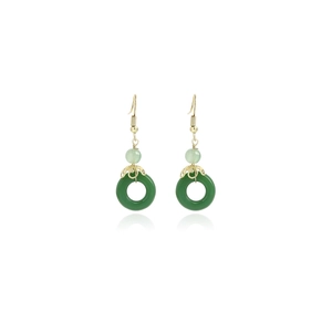Macro detail of Chinese style jade safety buckle earrings with green pearl and gold finish