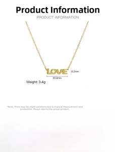 Detailed specs of 18k gold LOVE pendant necklace with brass dimensions and weight