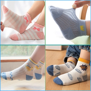 Breathable mesh cotton socks for kids featuring various cute cartoon animal patterns